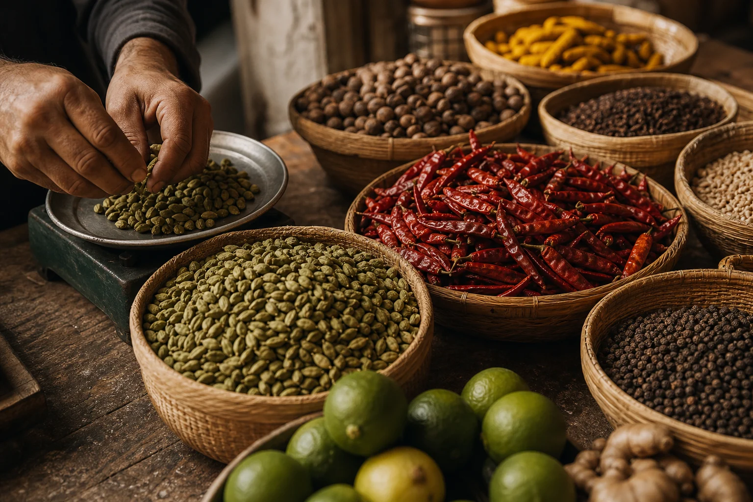 A market merchant sorts cardamom pods beside baskets of dried chiles, whole spices, and citrus