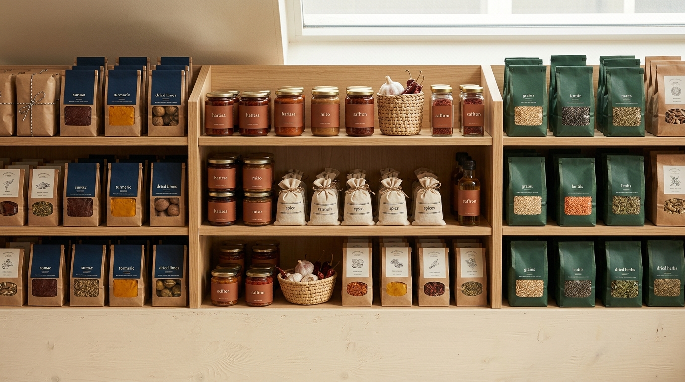 Shelves of packaged spices, grains, and pantry ingredients in a specialty food shop